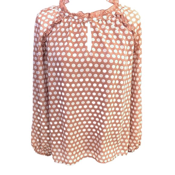 Rose + Olive | Pink Long Sleeve Ruffle Collar Polka Dot Blouse | Size Small - Picture 2 of 13